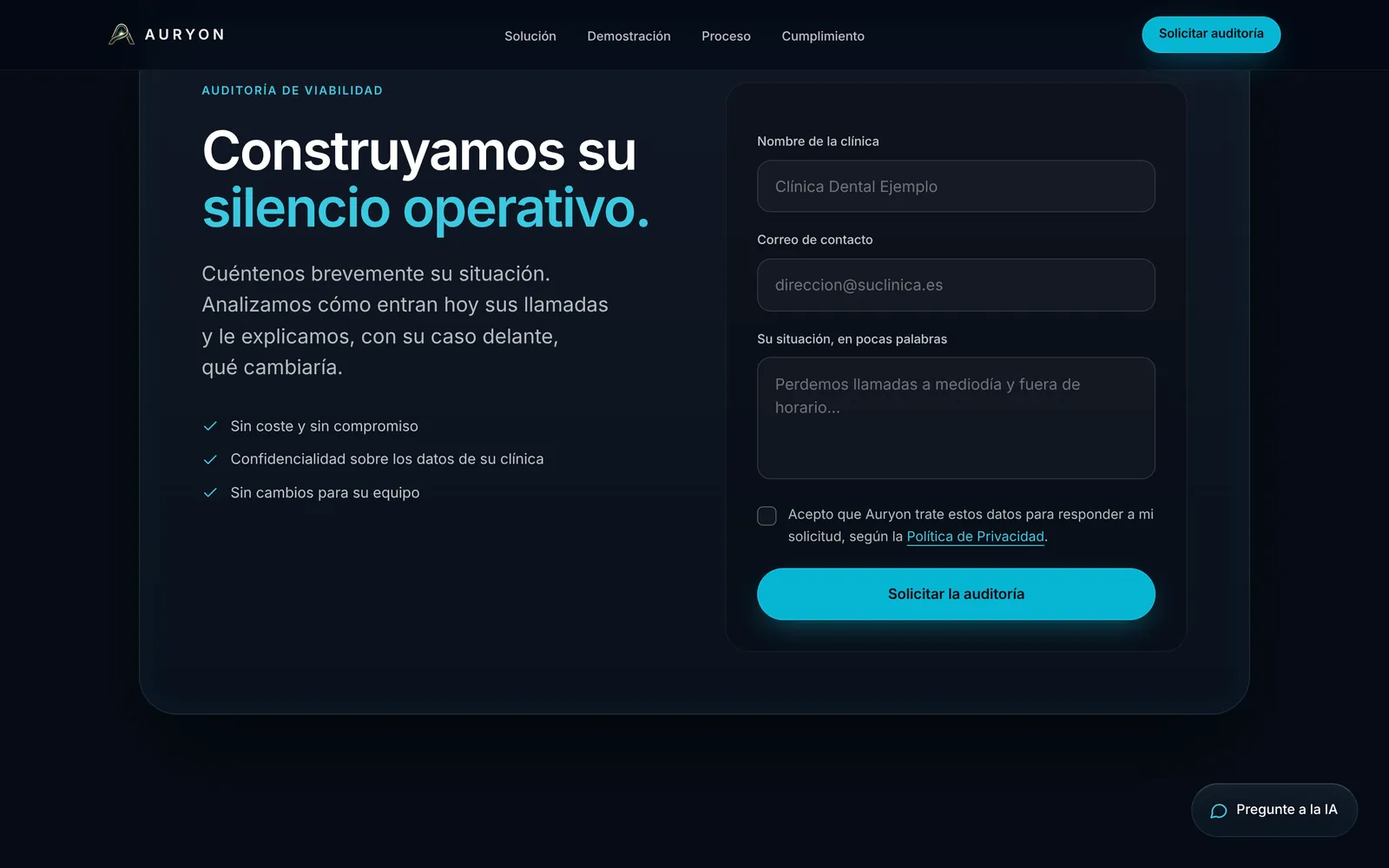 Formulario de auditoría de viabilidad con nombre de la clínica, correo, situación y consentimiento