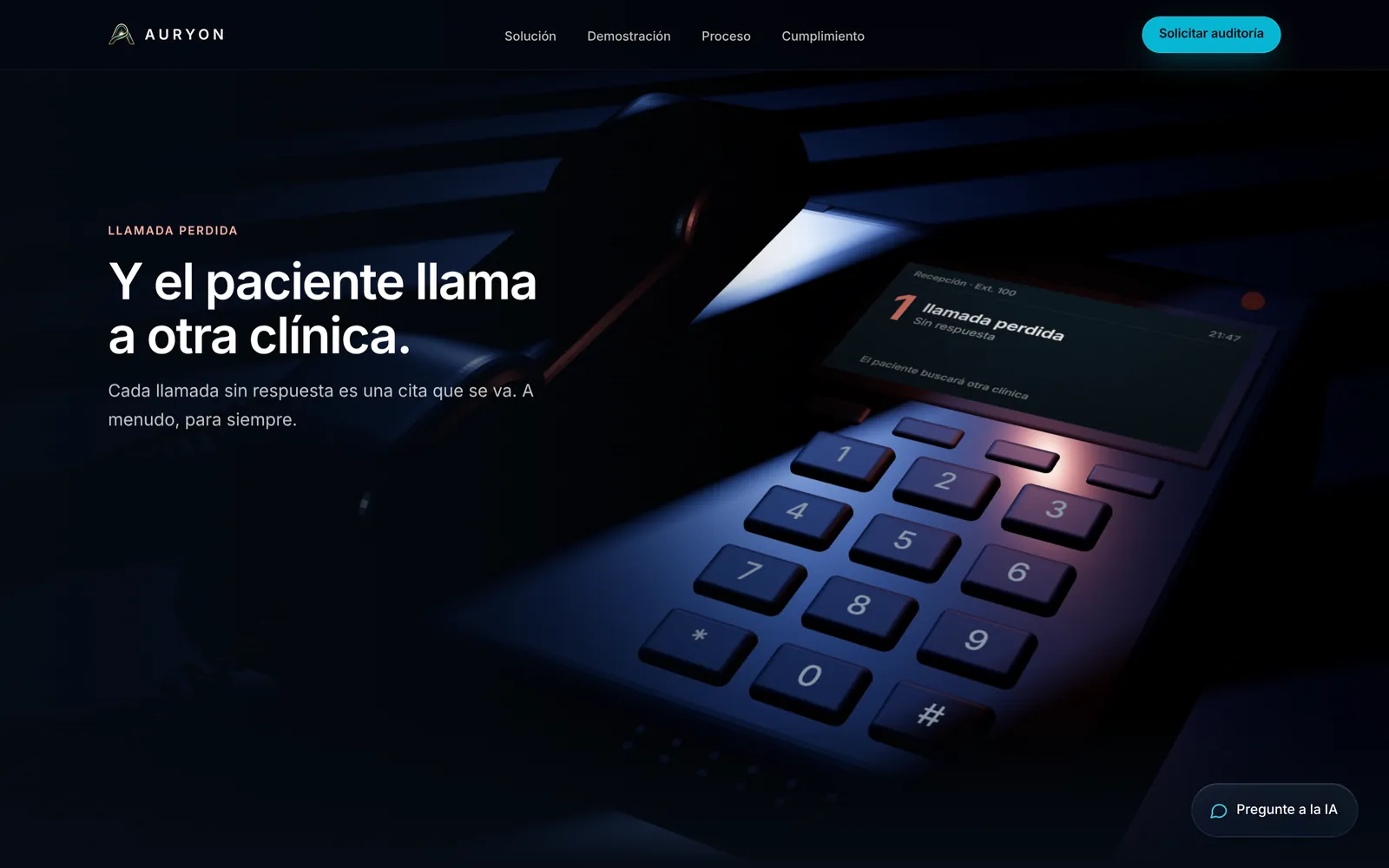 El teléfono en 3D con una llamada perdida en la pantalla y el titular «Y el paciente llama a otra clínica»
